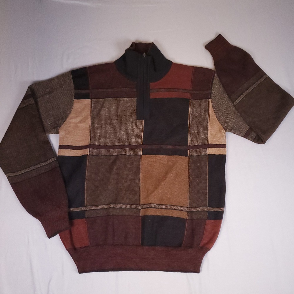 Alpaca Golden Mens Sweater Medium 100% Baby Alpaca Quarter Zip Patchwork Brown